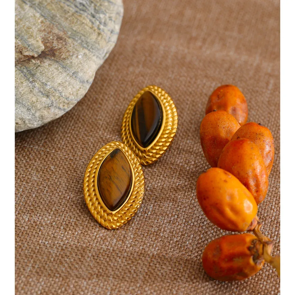 Yhpup Natural Tiger Stone Stainless Steel Stud Earrings