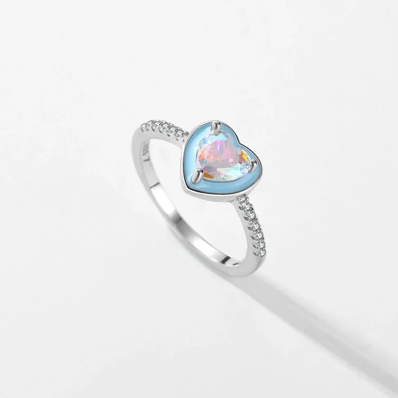 Modian 925 Sterling Silver Blue Enamel Heart Zircon Ring