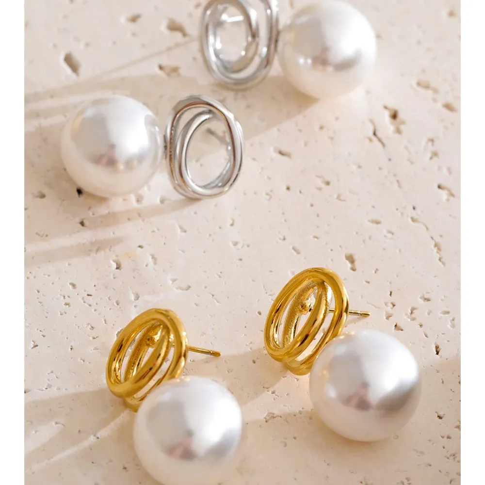 Yhpup Pearl Geometric Stud Earrings in Stainless Steel