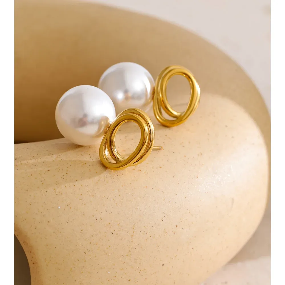 Yhpup Pearl Geometric Stud Earrings in Stainless Steel