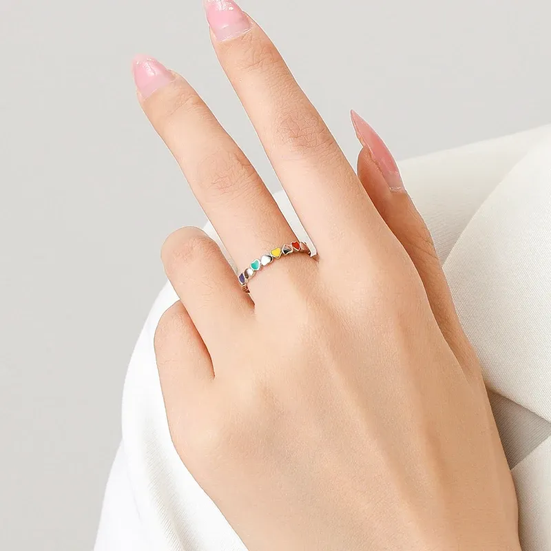 Modian 925 Sterling Silver Multicolour Enamel Heart Stack Ring