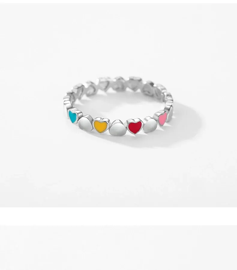Modian 925 Sterling Silver Multicolour Enamel Heart Stack Ring