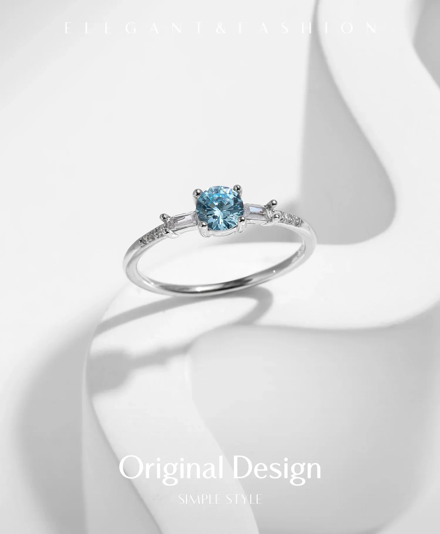 MODIAN 925 Sterling Silver Light Blue Zircon Round Ring