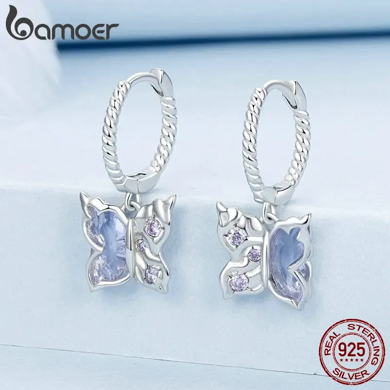 Bamoer 925 Sterling Silver Butterfly Hoop Earrings