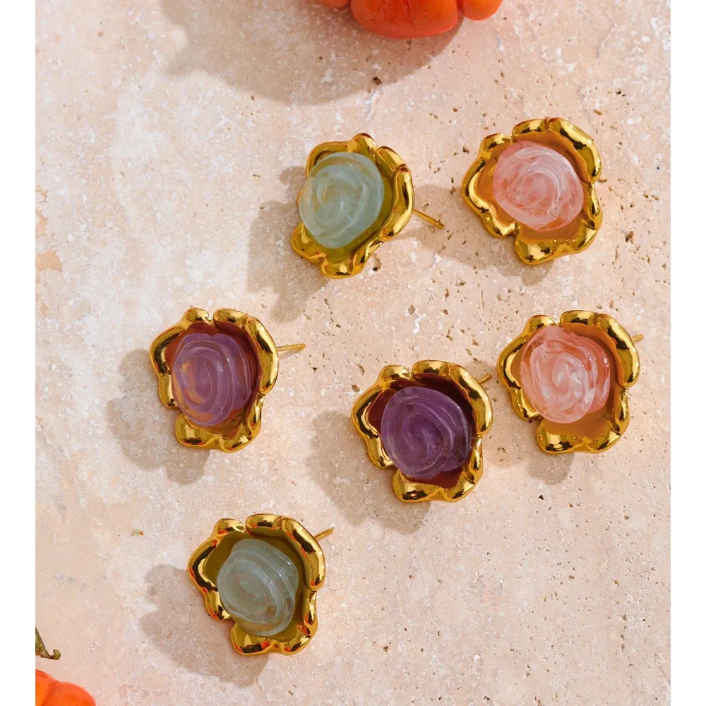 Yhpup Y2K Resin Flower Stud Earrings in Gold PVD Steel