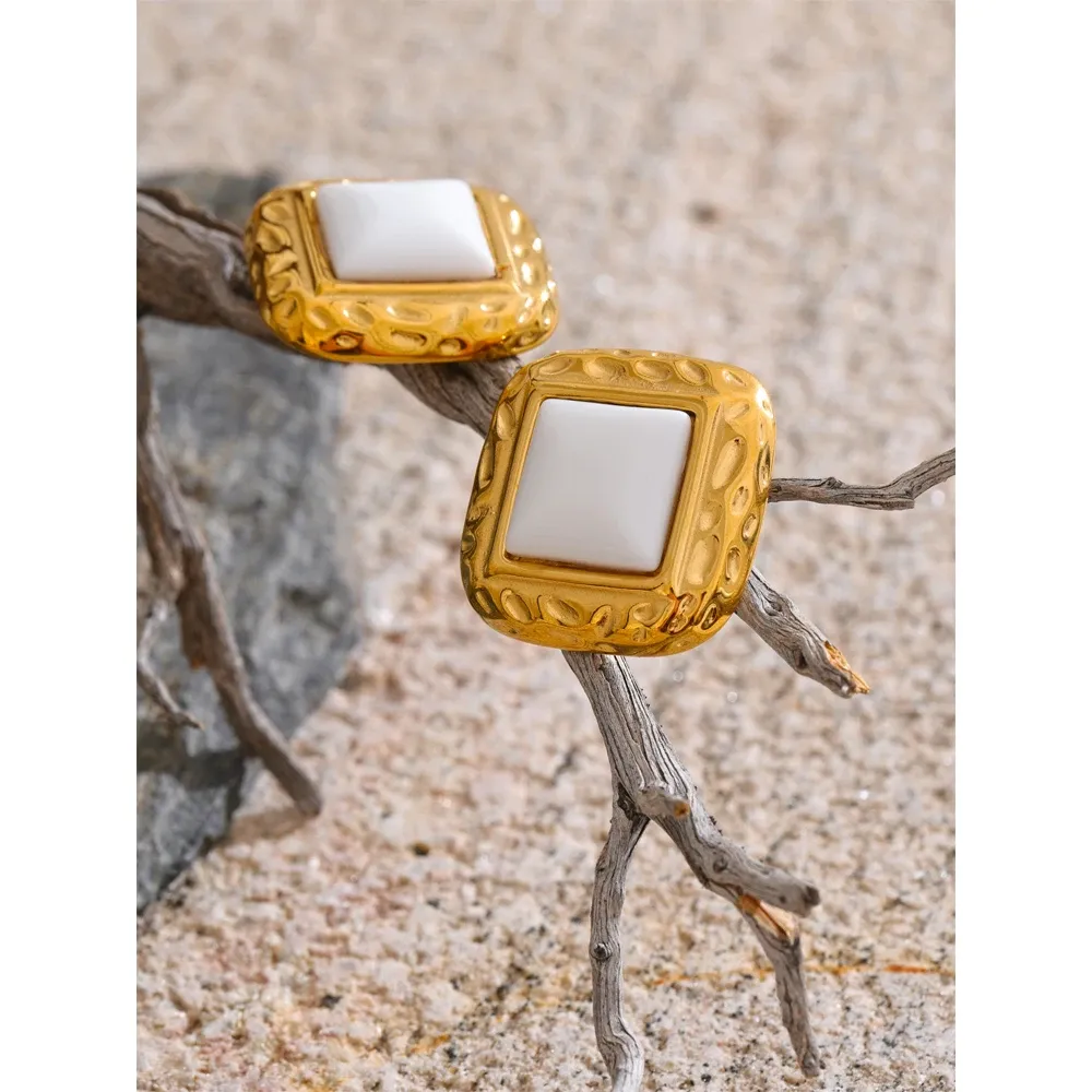 Yhpup Square Stone Stud Earrings in Gold PVD Steel