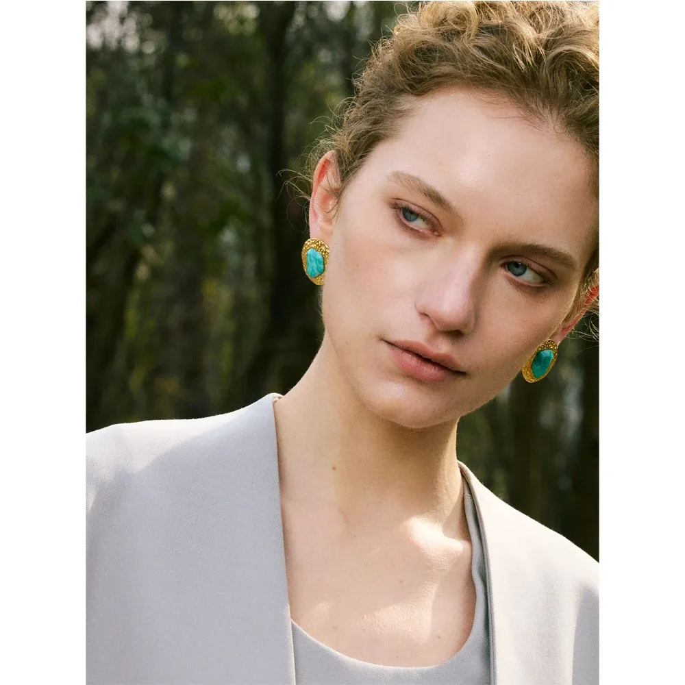 Yhpup Amazonite Gold Stud Earrings