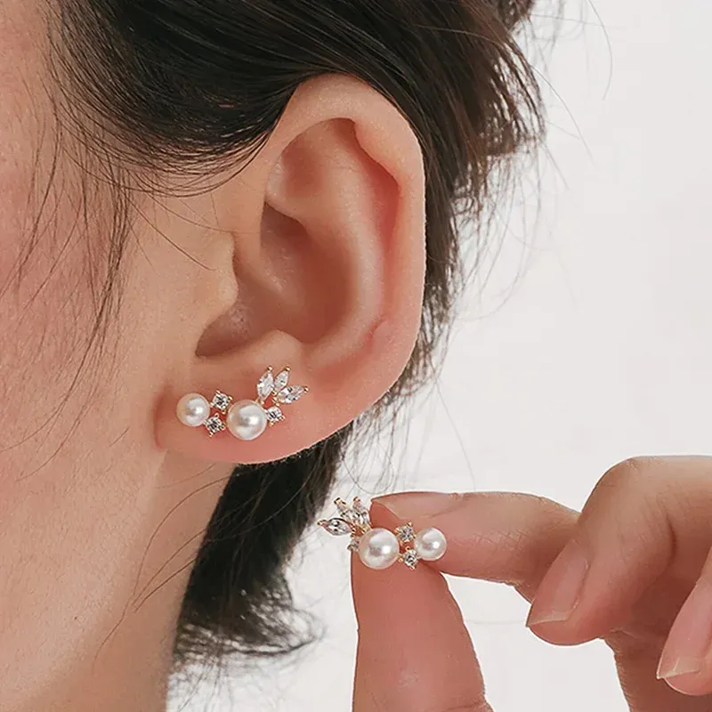 Huitan Pearl Accent Stud Earrings in Silver or Gold Finish
