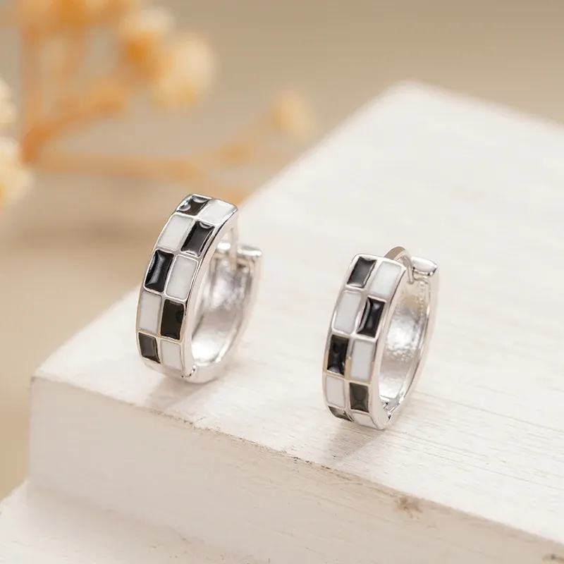 Huitan Black and White Enamel Hoop Earrings