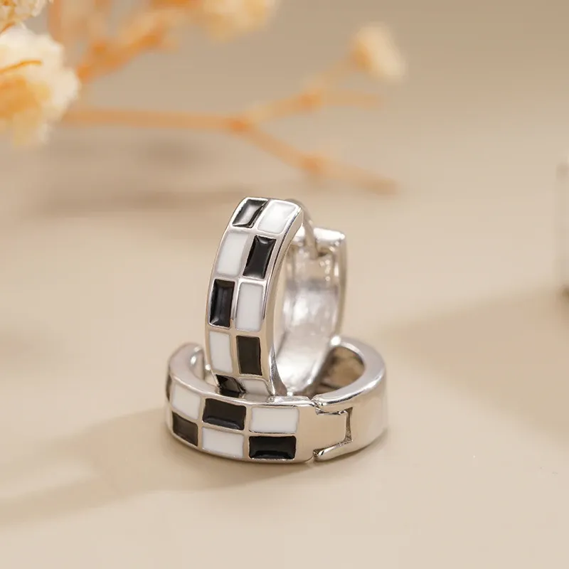 Huitan Black and White Enamel Hoop Earrings