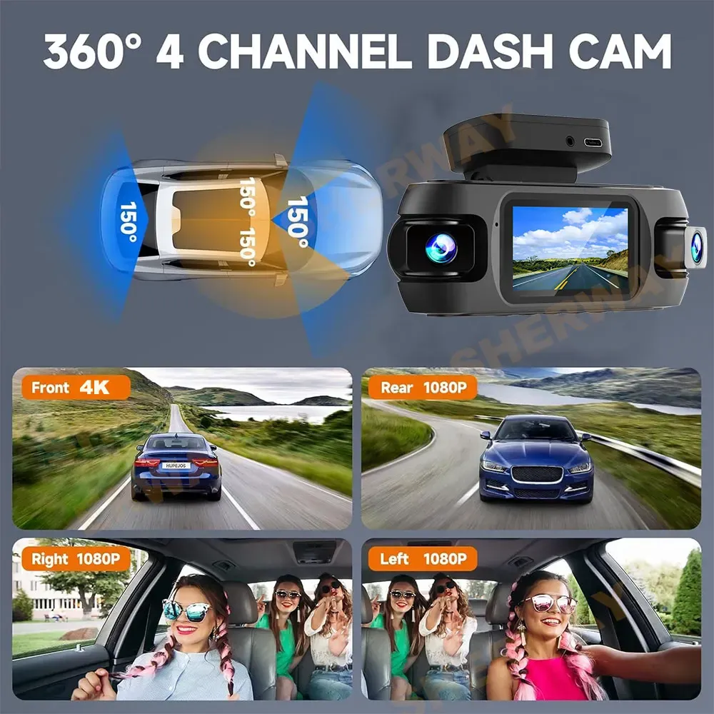 Sherway 4-Channel 4K 360° Dash Cam with GPS and Wi‑Fi