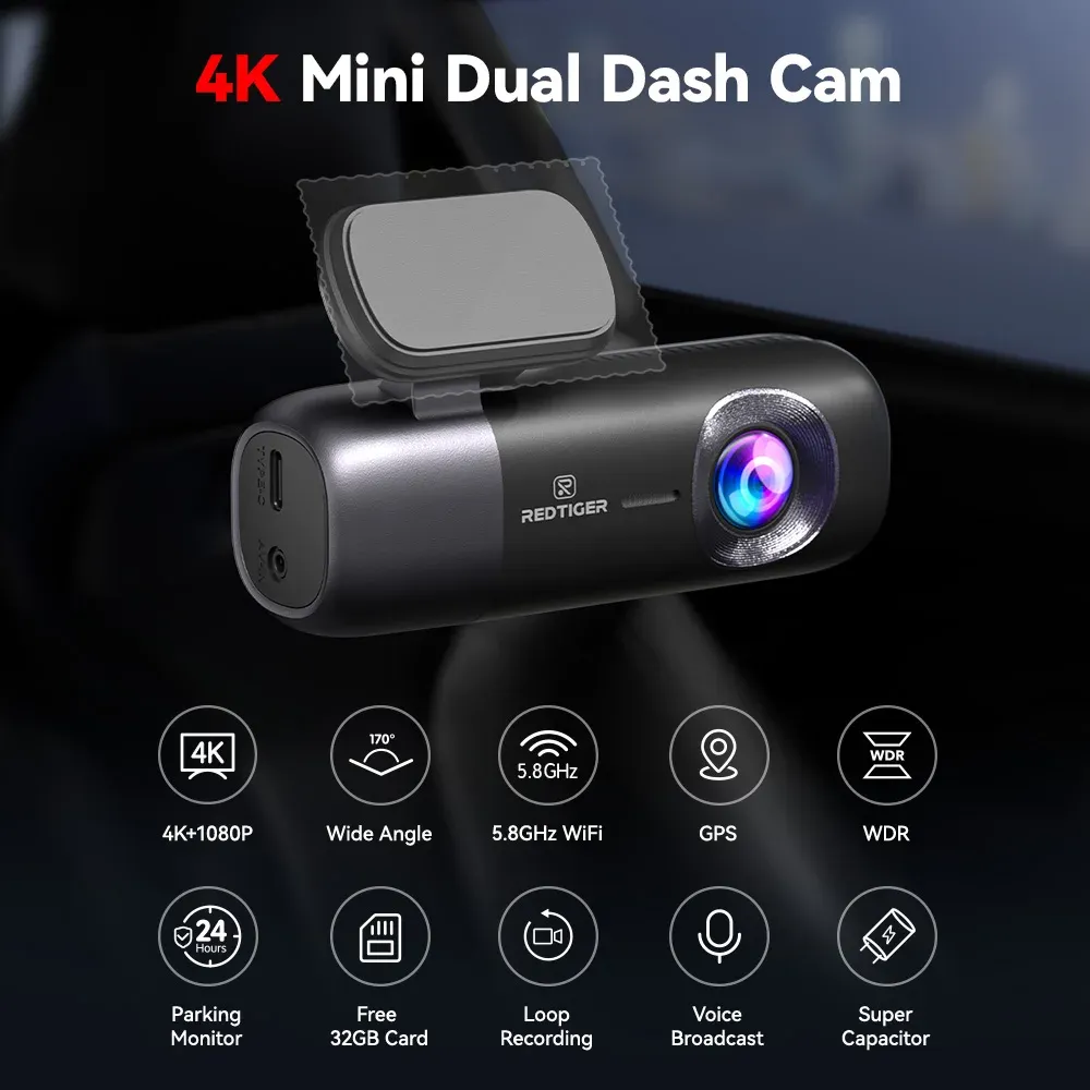 REDTIGER F9 4K Front Dash Cam with GPS and Wi‑Fi
