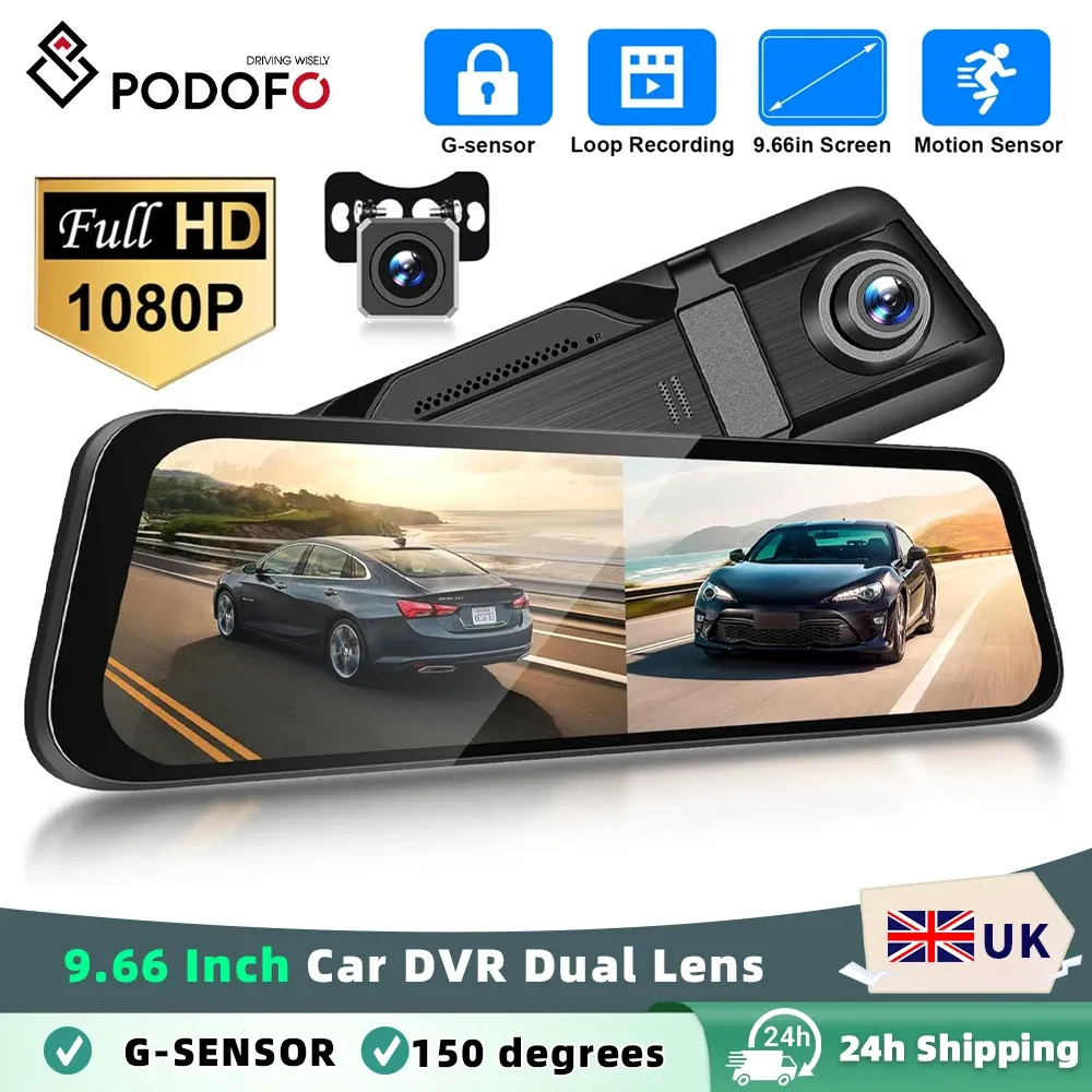 Podofo 9.66-Inch Mirror Dash Cam with Dual 1080p Recording