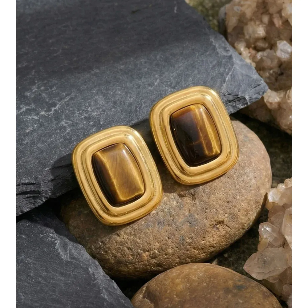 Yhpup Square Tiger Stone Stud Earrings in Stainless Steel